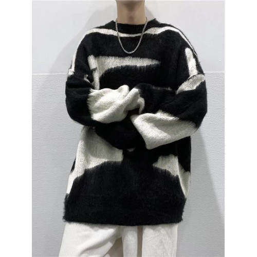 馬海毛慵懶休閒寬松毛衣男女秋冬季韓版潮流不規則黑白撞色針織衫