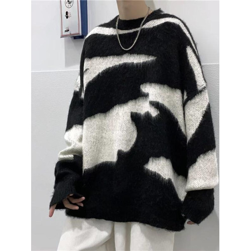 馬海毛慵懶休閒寬松毛衣男女秋冬季韓版潮流不規則黑白撞色針織衫