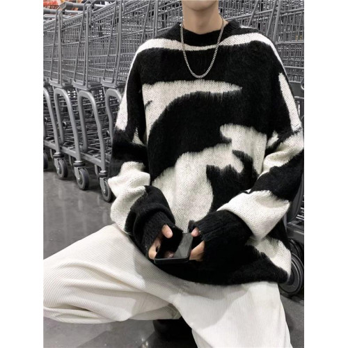 馬海毛慵懶休閒寬松毛衣男女秋冬季韓版潮流不規則黑白撞色針織衫