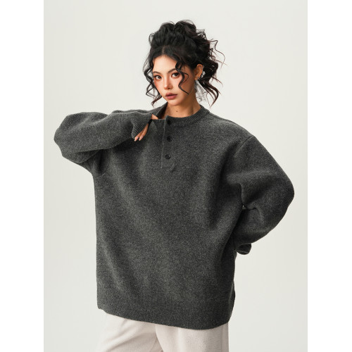 BWKA黑色高級感亨利領毛衣女男冬季寬鬆慵嬾風線衣基礎百搭針織衫