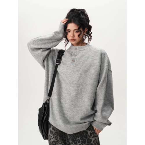 BWKA黑色高級感亨利領毛衣女男冬季寬鬆慵嬾風線衣基礎百搭針織衫