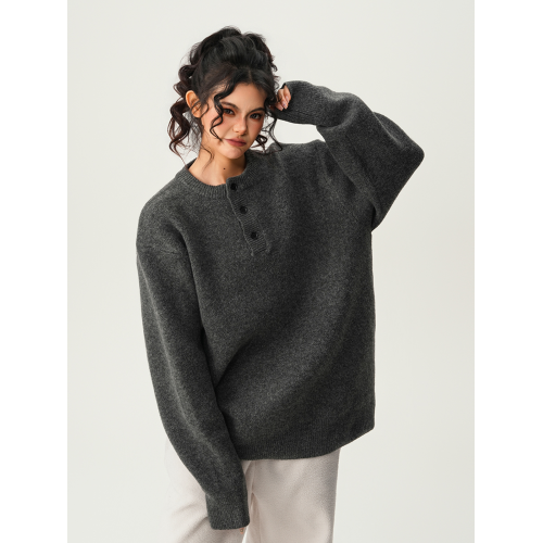 BWKA黑色高級感亨利領毛衣女男冬季寬鬆慵嬾風線衣基礎百搭針織衫