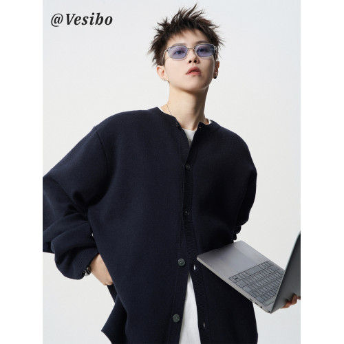 基礎款純色開衫毛衣男冬季慵懶風情侶圓領針織衫美式復古百搭線衣