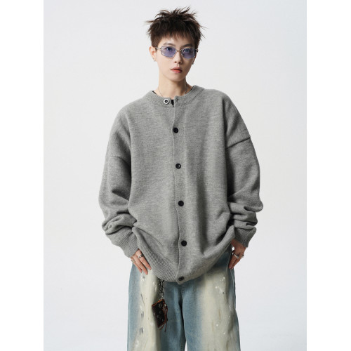 基礎款純色開衫毛衣男冬季慵懶風情侶圓領針織衫美式復古百搭線衣