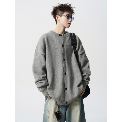 基礎款純色開衫毛衣男冬季慵懶風情侶圓領針織衫美式復古百搭線衣