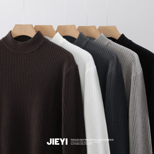 介乙 提花半高領毛衣男冬季慵懶風中領打底衫潮流內搭保暖針織衫