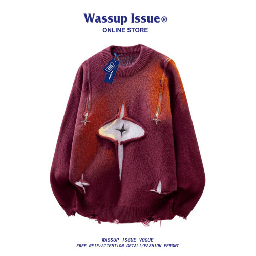 WASSUP ISSUE多巴胺風粉色破洞針織毛衣男秋冬設計感寬松毛線衣男