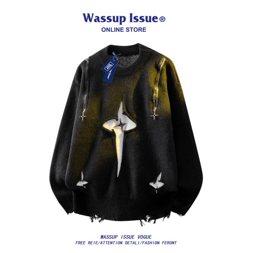 WASSUP ISSUE多巴胺風粉色破洞針織毛衣男秋冬設計感寬松毛線衣男