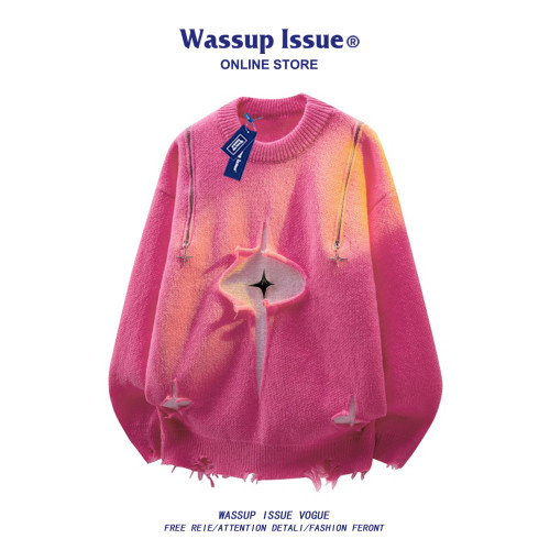 WASSUP ISSUE多巴胺風粉色破洞針織毛衣男秋冬設計感寬松毛線衣男