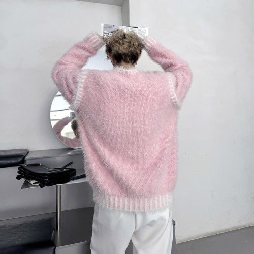 冬季高級感水貂絨粉色針織衫男女設計感慵懶風海馬毛套頭軟糯毛衣