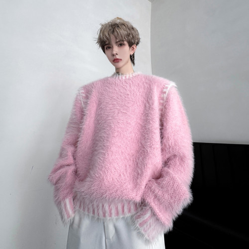 冬季高級感水貂絨粉色針織衫男女設計感慵懶風海馬毛套頭軟糯毛衣