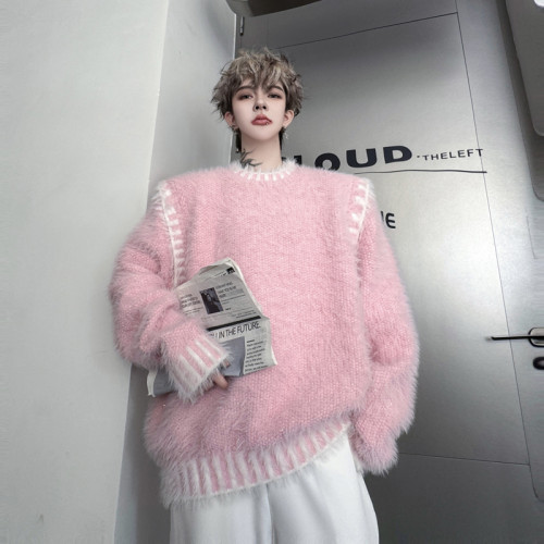 冬季高級感水貂絨粉色針織衫男女設計感慵懶風海馬毛套頭軟糯毛衣