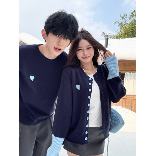 miu系高級感針織衫男女情侶裝秋冬韓系穿搭百搭愛心撞色毛衣開衫