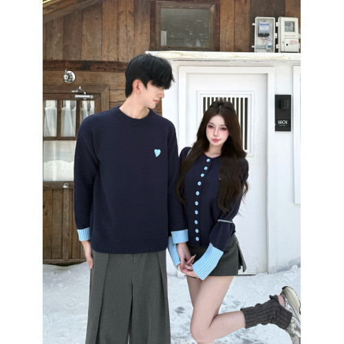 miu系高級感針織衫男女情侶裝秋冬韓系穿搭百搭愛心撞色毛衣開衫