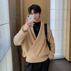 秋冬日系復古毛衣男潮ins男生慵懶風套頭半開衫深V領墜垂感針織衫