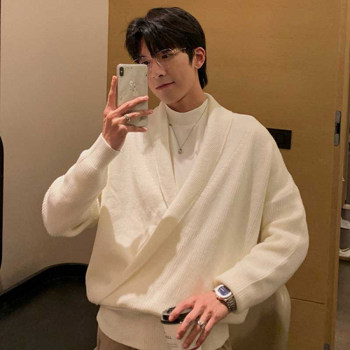 秋冬日系復古毛衣男潮ins男生慵懶風套頭半開衫深V領墜垂感針織衫