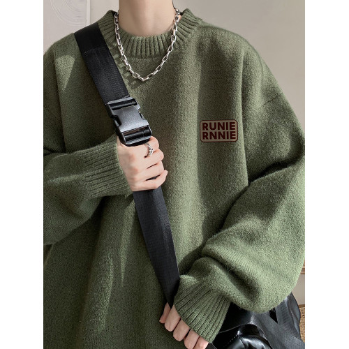 美式復古軍綠色毛衣男秋冬款外套寬松日系慵懶風加厚針織衫高級感