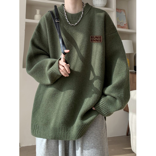 美式復古軍綠色毛衣男秋冬款外套寬松日系慵懶風加厚針織衫高級感