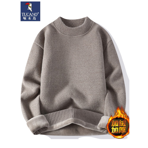 啄木鳥半高領毛衣男加絨加厚純色寬松冬季一體絨保暖針織打底衫男