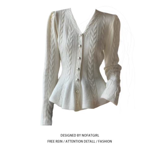 大碼胖MM輕熟簡約風V領麻花針織衫女秋冬新款紐釦設計感毛衣上衣