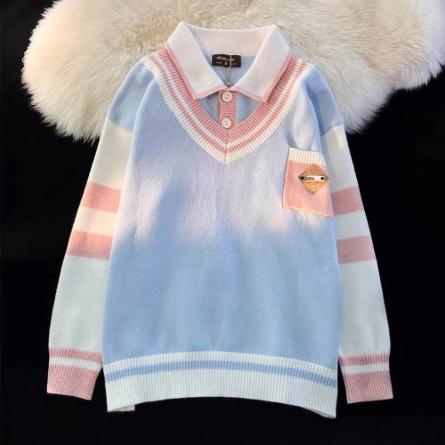 日系復古軟糯假兩件polo領毛衣男女寬松秋冬加厚學院慵懶風針織衫