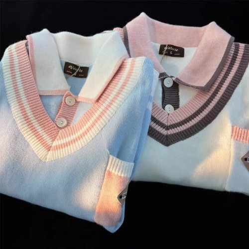 日系復古軟糯假兩件polo領毛衣男女寬松秋冬加厚學院慵懶風針織衫