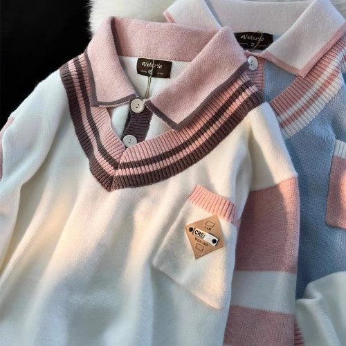 日系復古軟糯假兩件polo領毛衣男女寬松秋冬加厚學院慵懶風針織衫