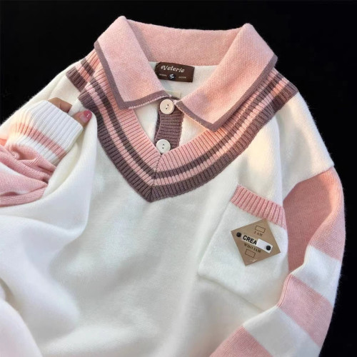 日系復古軟糯假兩件polo領毛衣男女寬松秋冬加厚學院慵懶風針織衫