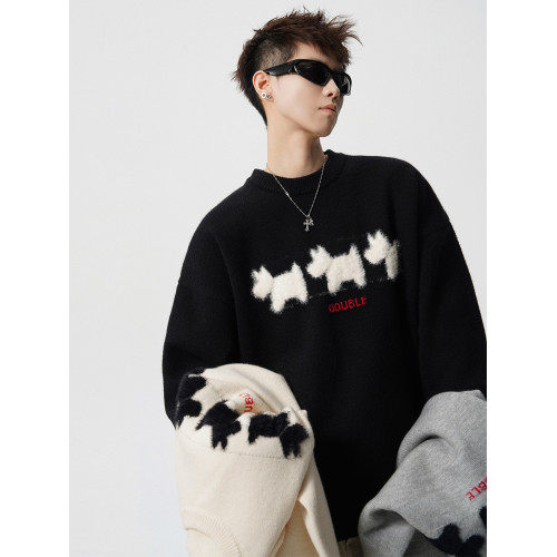 美式小狗植絨圓領毛衣男女冬季新款潮牌寬松慵懶風情侶針織衫上衣