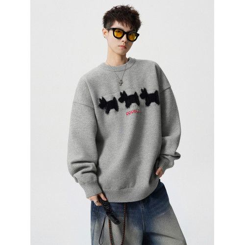 美式小狗植絨圓領毛衣男女冬季新款潮牌寬松慵懶風情侶針織衫上衣