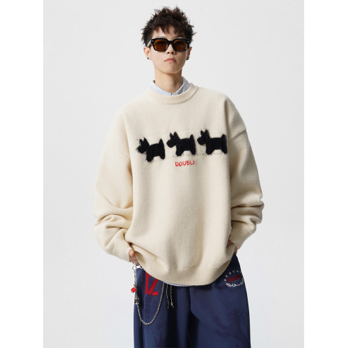 美式小狗植絨圓領毛衣男女冬季新款潮牌寬松慵懶風情侶針織衫上衣