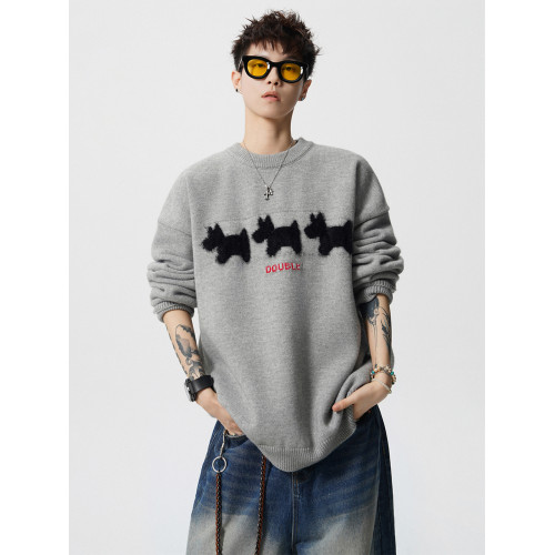 美式小狗植絨圓領毛衣男女冬季新款潮牌寬松慵懶風情侶針織衫上衣