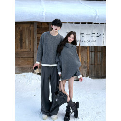 情侶裝2025新款灰高級感慵懶鬭篷針織衫寬松圓領毛衣溫柔外套上衣