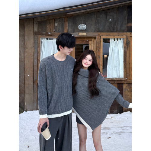 情侶裝2025新款灰高級感慵懶鬭篷針織衫寬松圓領毛衣溫柔外套上衣