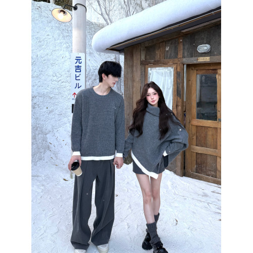 情侶裝2025新款灰高級感慵懶鬭篷針織衫寬松圓領毛衣溫柔外套上衣