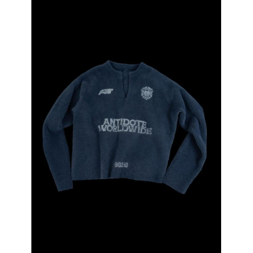 ANTIDOTE 貂毛運動風毛衣美式復古徽章印花v領球服加絨針織衫外套