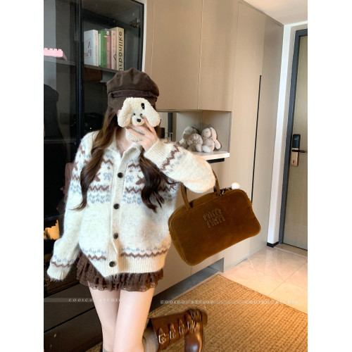 PPHOME復古撞色費爾島提花毛衣外套女秋季軟糯慵嬾風寬鬆針織開衫