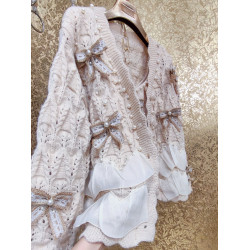 高級 不撞衣 高級手工蝴蝶結珍珠下擺立體荷葉邊裙擺兩件套開衫