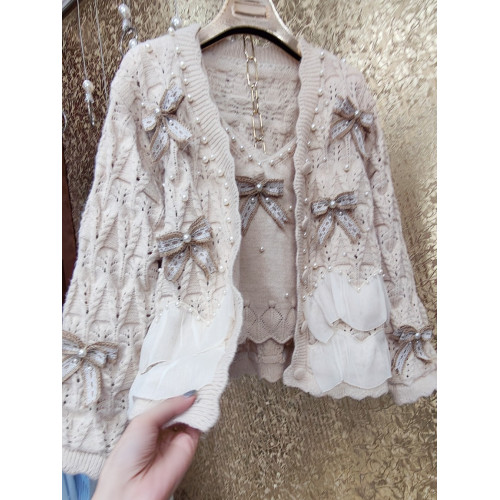 高級 不撞衣 高級手工蝴蝶結珍珠下擺立體荷葉邊裙擺兩件套開衫