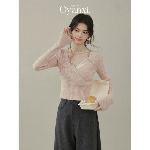 歐陽喜《甜氧旋律》粉色長袖針織毛衣女秋冬季新款修身絕美小上衣