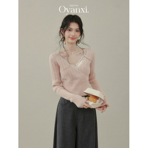 歐陽喜《甜氧旋律》粉色長袖針織毛衣女秋冬季新款修身絕美小上衣