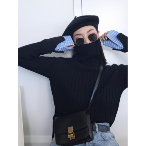 高領毛衣女外穿秋冬女裝2025新款假兩件上衣女寬松黑色打底針織衫