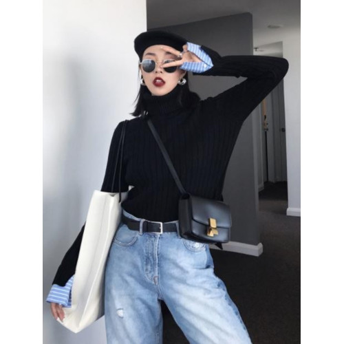 高領毛衣女外穿秋冬女裝2025新款假兩件上衣女寬松黑色打底針織衫