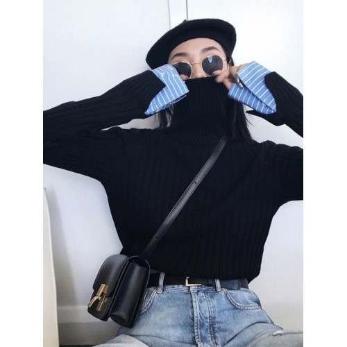 高領毛衣女外穿秋冬女裝2025新款假兩件上衣女寬松黑色打底針織衫