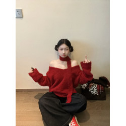 紅色聖誕氛圍感一字肩v領長袖毛衣女秋冬小個子寬松慵懶針織上衣