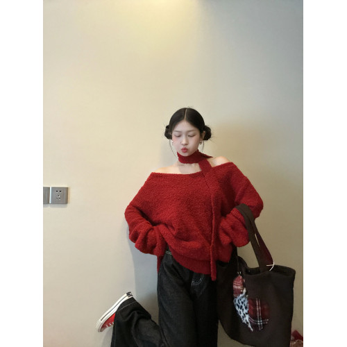 紅色聖誕氛圍感一字肩v領長袖毛衣女秋冬小個子寬松慵懶針織上衣