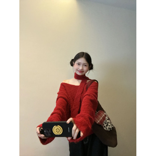 紅色聖誕氛圍感一字肩v領長袖毛衣女秋冬小個子寬松慵懶針織上衣