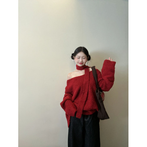 紅色聖誕氛圍感一字肩v領長袖毛衣女秋冬小個子寬松慵懶針織上衣