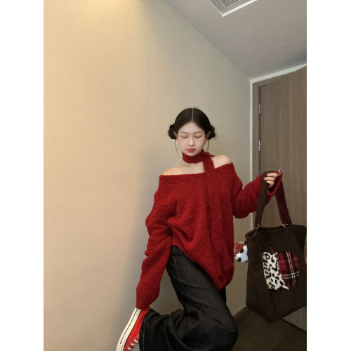紅色聖誕氛圍感一字肩v領長袖毛衣女秋冬小個子寬松慵懶針織上衣