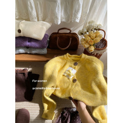 溫柔風黃色圓領針織毛衣女秋復古椰子釦小衆顯瘦休閒毛衣外套上衣